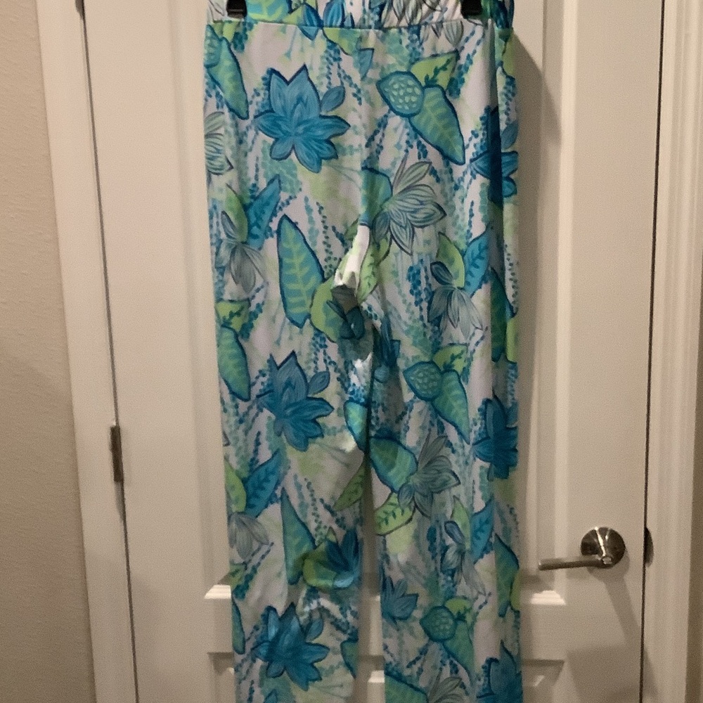Misses/ladies Wide Legged Floral Dress Print Lounge Pants - Blue & Green - Picture 3 of 4